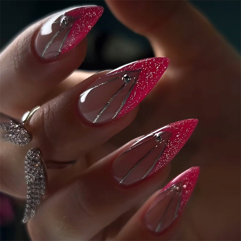 Hand wearing Hot Pink Glitter French Stiletto press-on nails