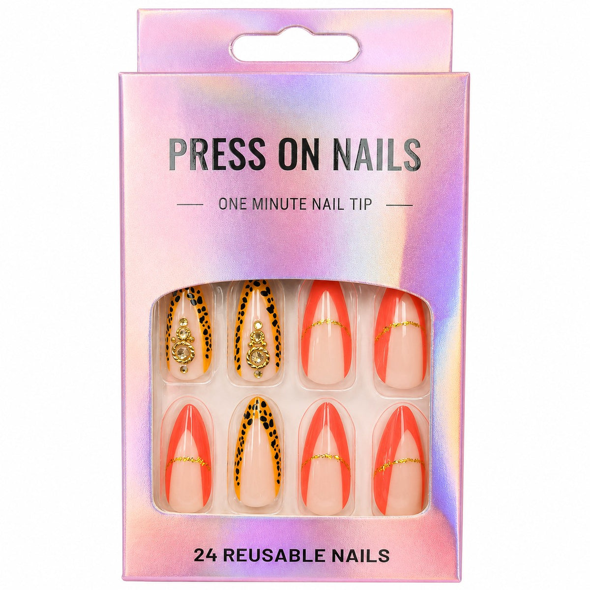 Leopard & Coral French Stiletto press-on nails, long length, in a 24-piece box