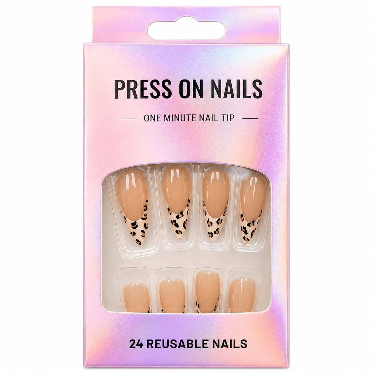 Leopard French Tip Almond press-on nails, medium length, in a 24-piece box