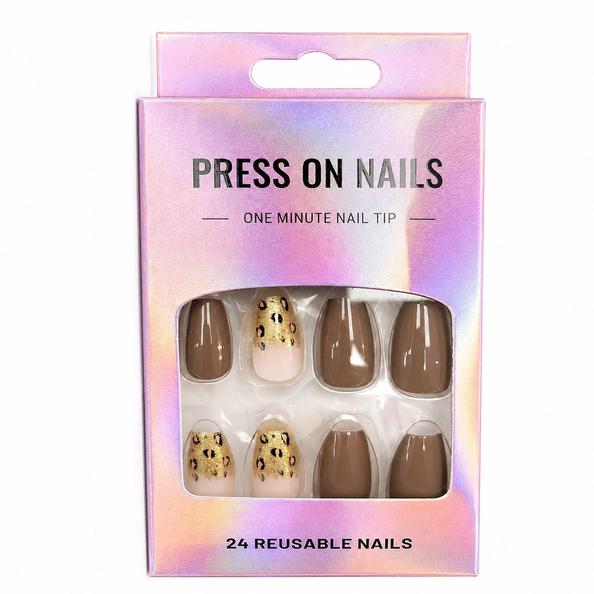 Mocha Brown & Leopard Coffin press-on nails, medium length, in a 24-piece box
