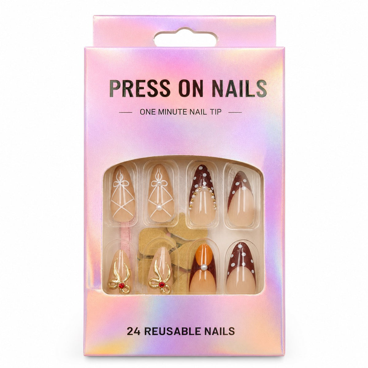 Nude & Burgundy Bow Almond press-on nails, medium length, in a 24-piece box