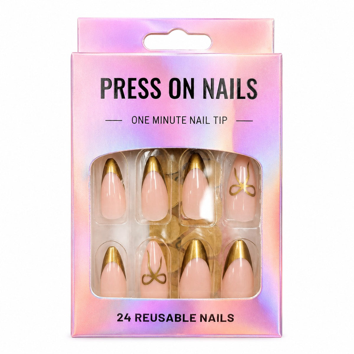 Nude & Gold Chrome French Almond with Bows press-on nails, medium length, in a 24-piece box