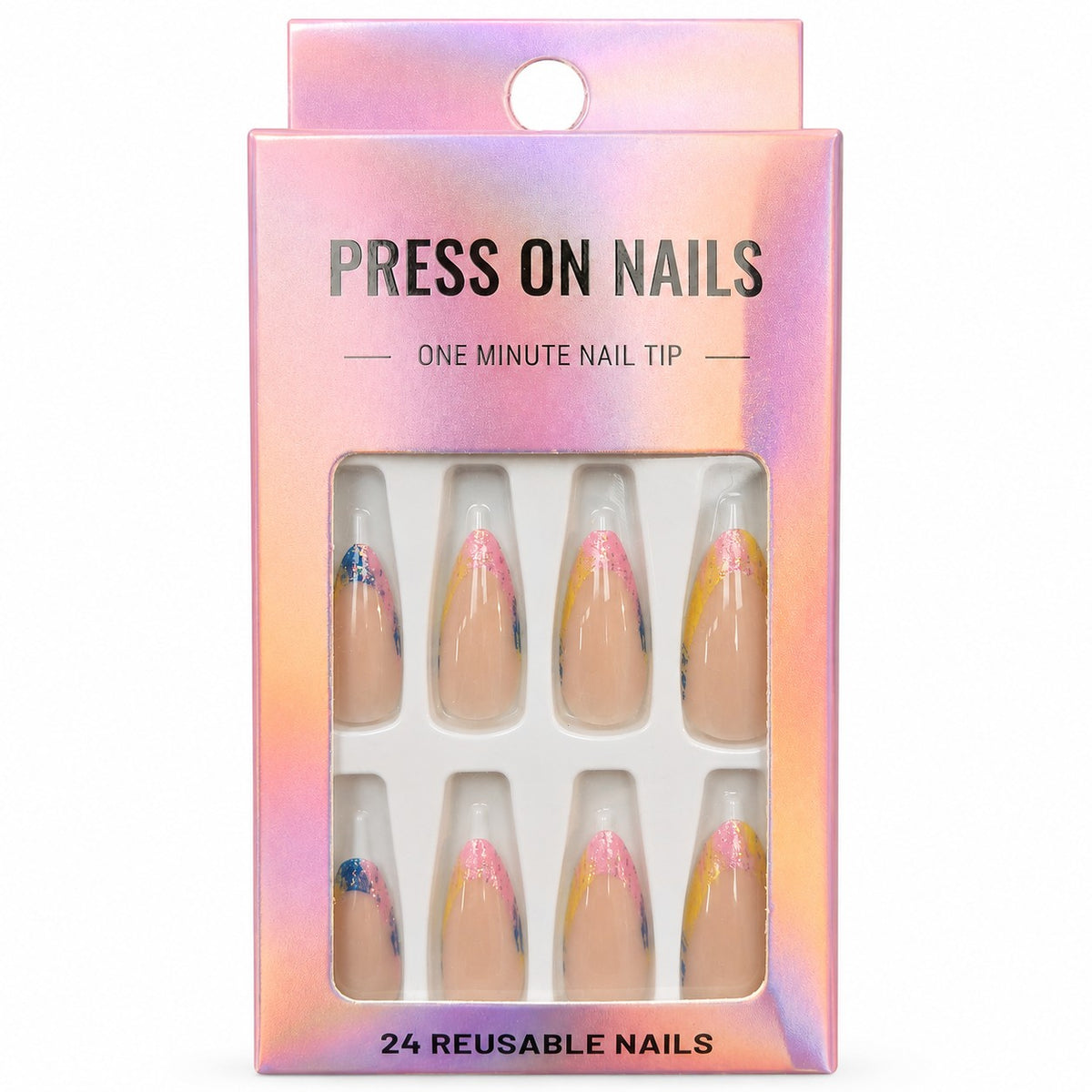 Nude Holographic Foil Almond press-on nails, long length, in a 24-piece box