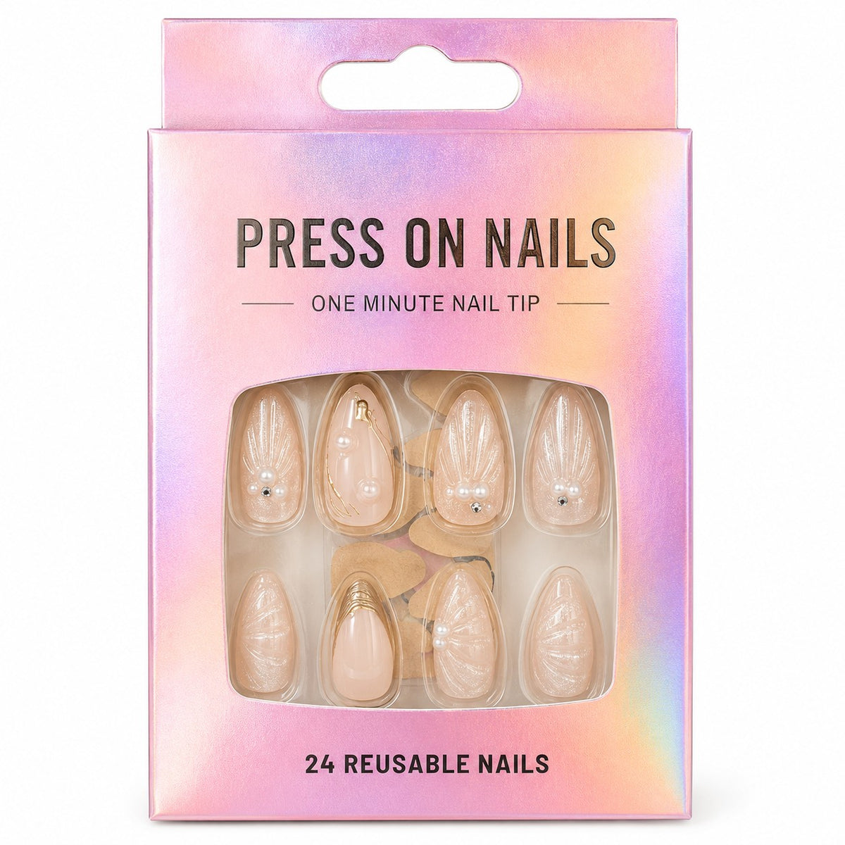 Nude Pearl Seashell Almond press-on nails, medium length, in a 24-piece box