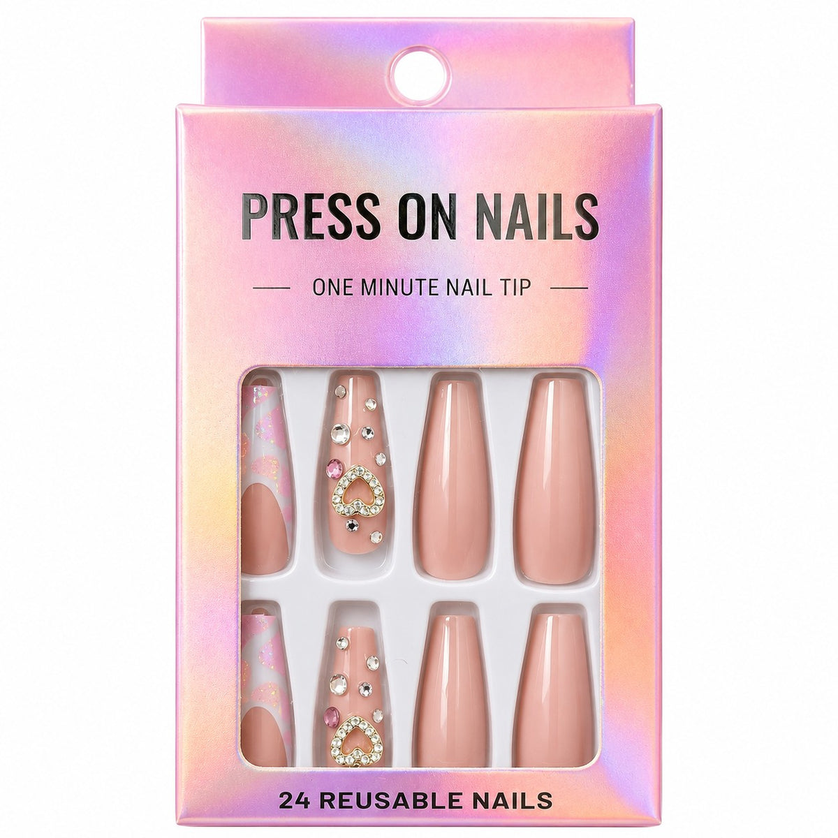 Nude Pink Coffin with Rhinestone Heart press-on nails, long length, in a 24-piece box
