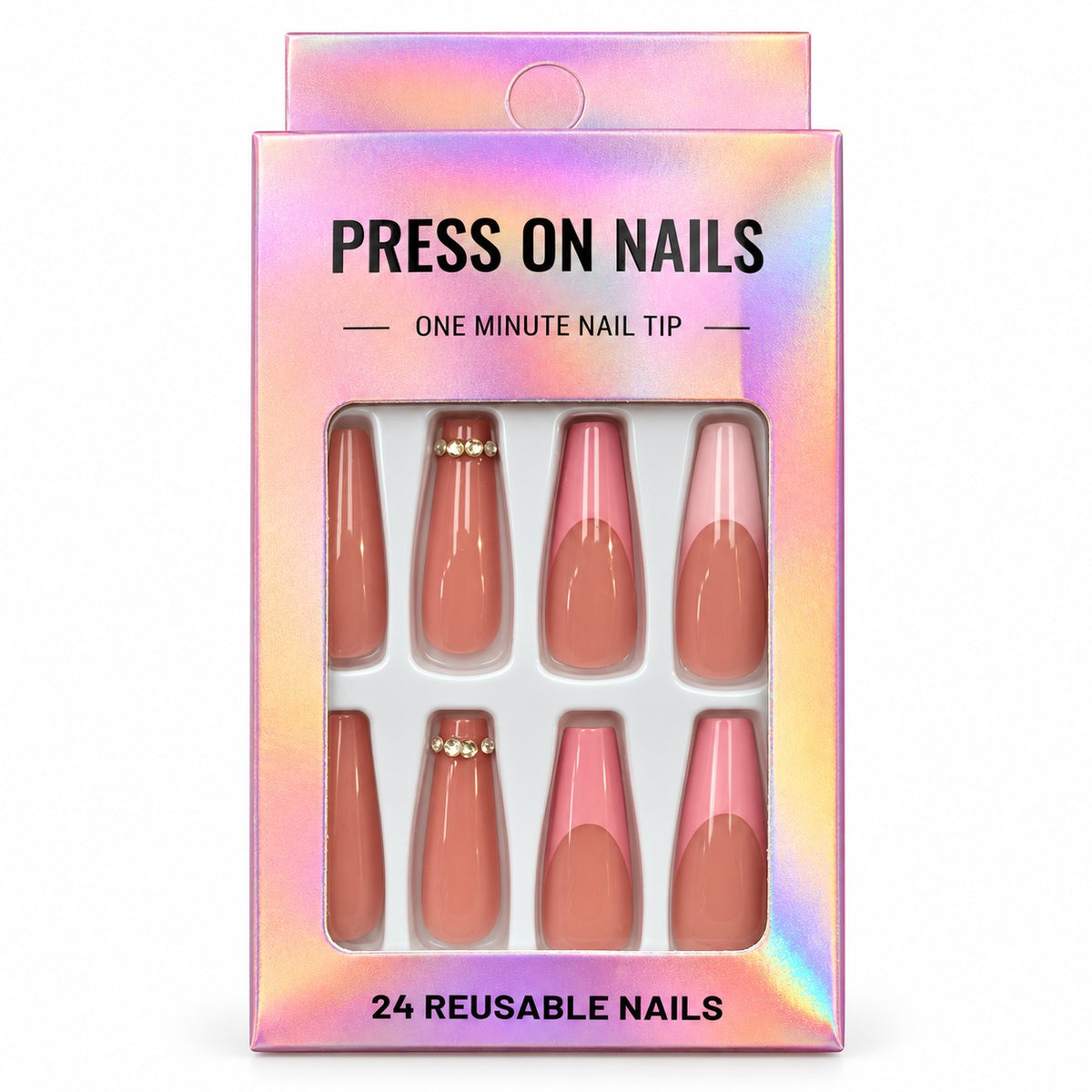 Nude Pink Coffin with Rhinestone Line press-on nails with soft pink French tips, long length, in a 24-piece box