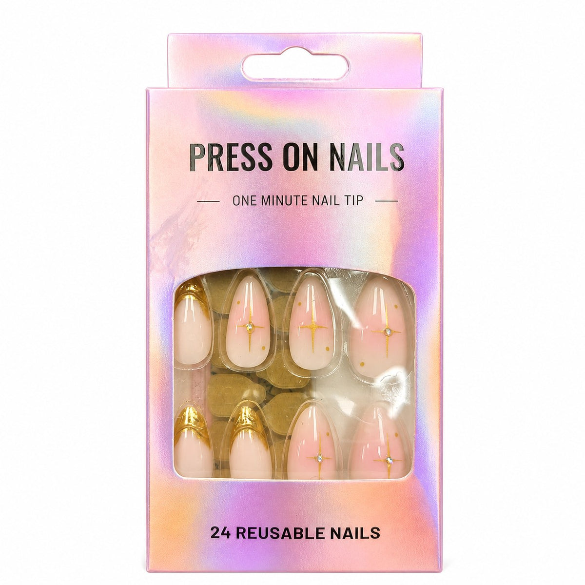 Pink & Gold Chrome Star Almond press-on nails, medium length, in a 24-piece box