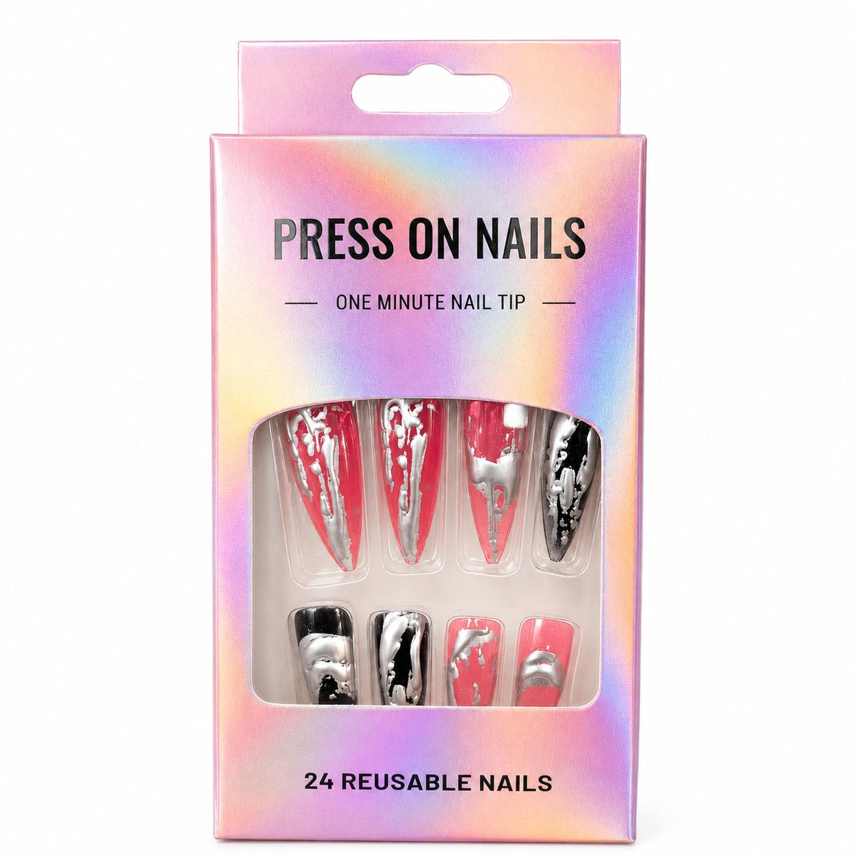 Pink & Silver Chrome Stiletto press-on nails, long length, in a 24-piece box