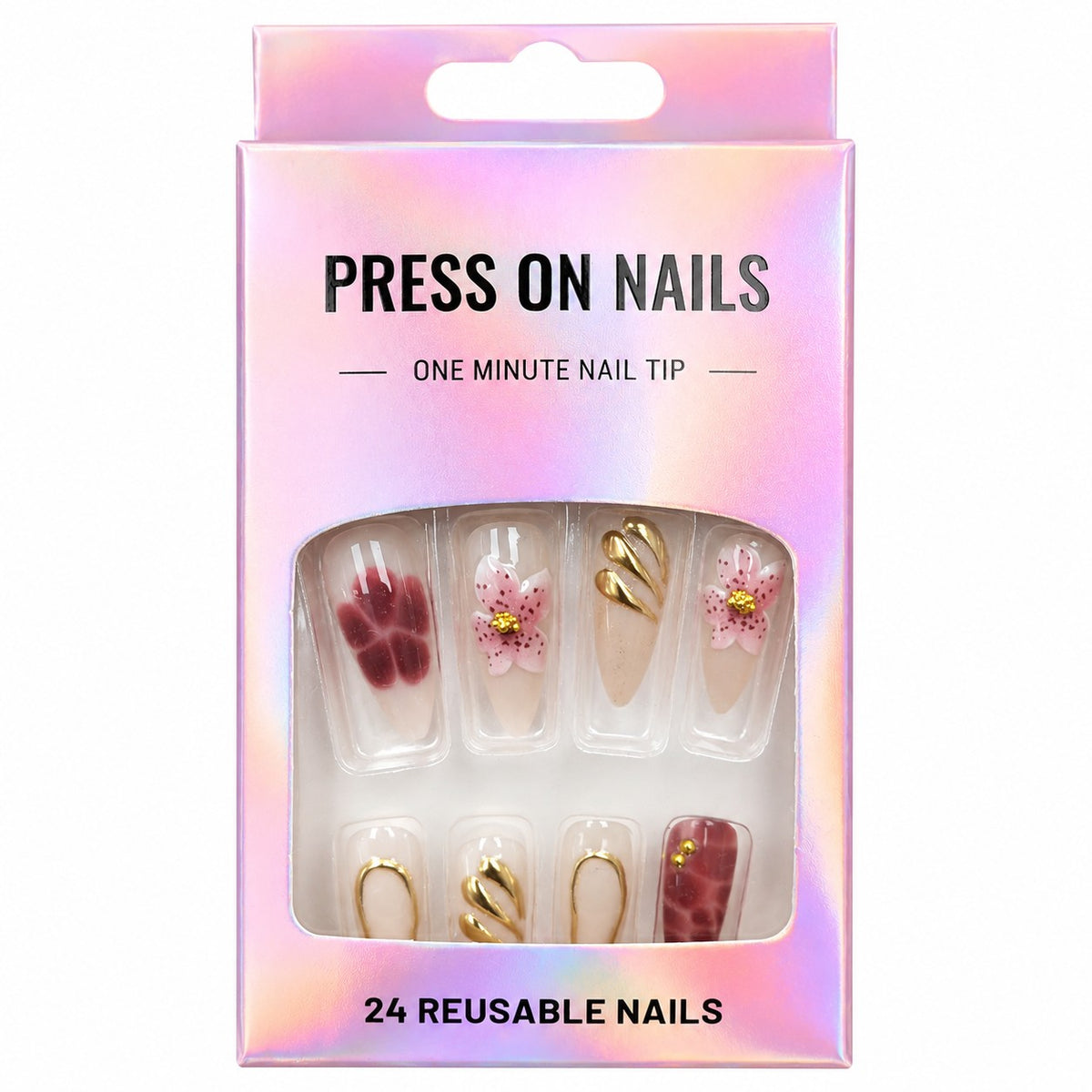 Pink Flower & Gold Swirl Almond press-on nails, medium length, in a 24-piece box