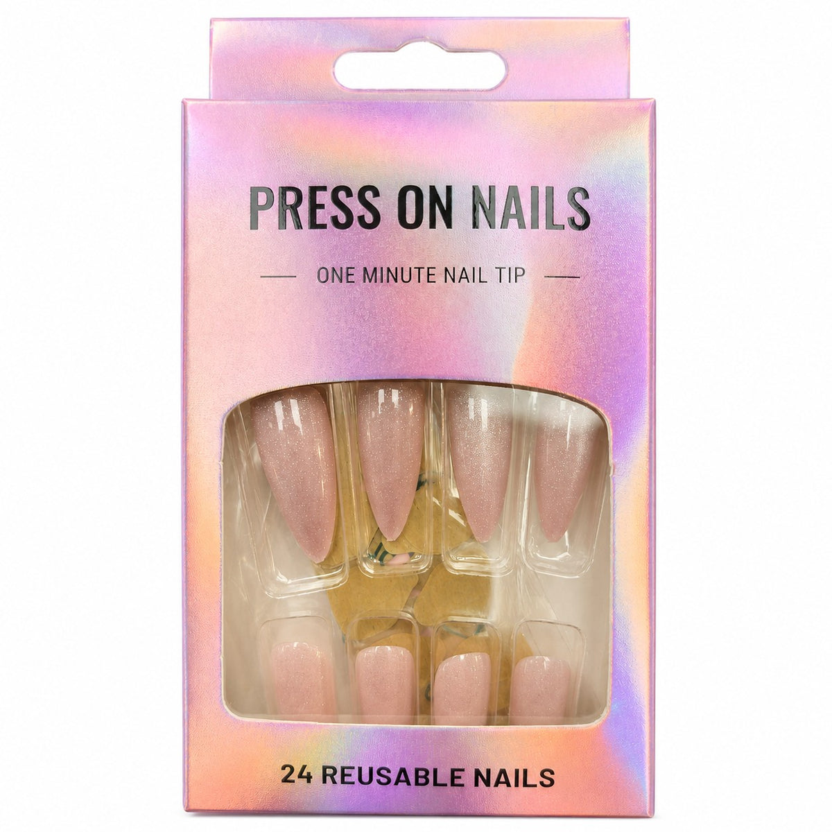 Pink Shimmer Almond press-on nails, long length, in a 24-piece box