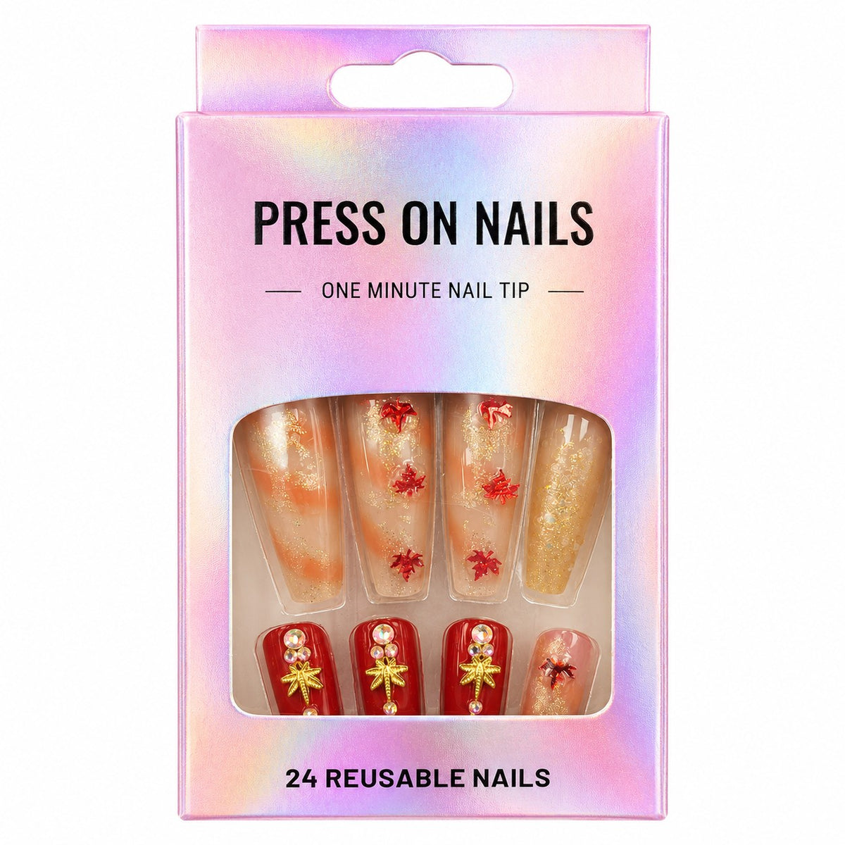 Red & Gold Autumn Leaf Coffin press-on nails, extra long length, in a 24-piece box