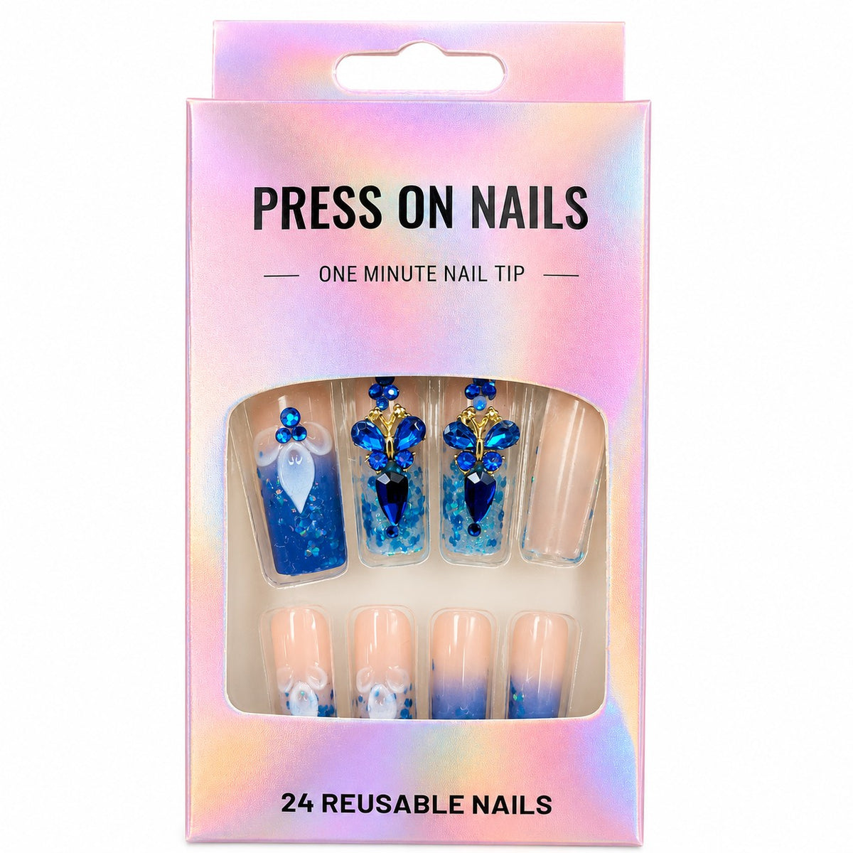 Royal Blue Rhinestone Square press-on nails, long length, in a 24-piece box