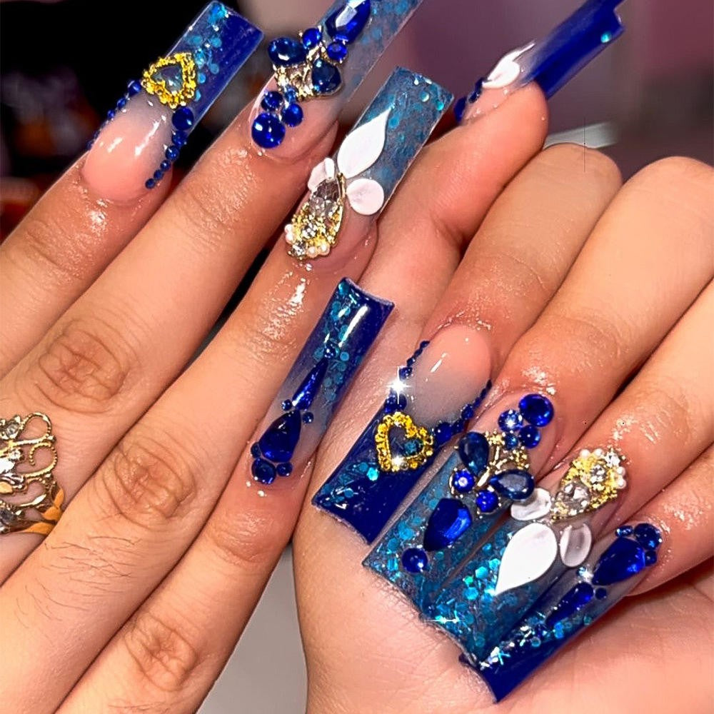 Hand wearing Royal Blue Rhinestone Square press-on nails
