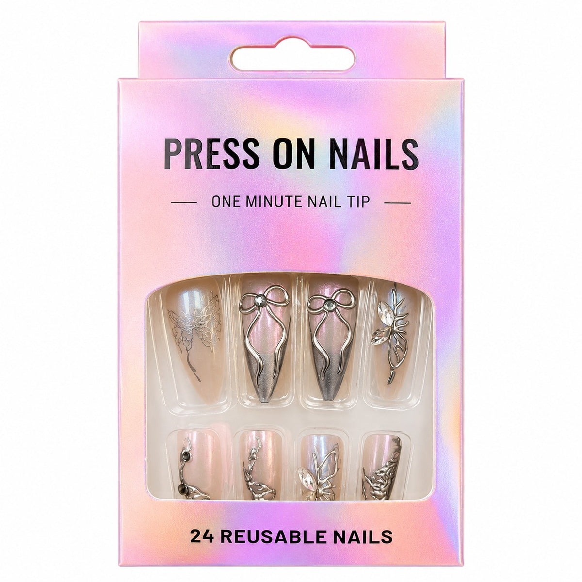 Silver Chrome 3D Bow Stiletto press-on nails, long length, in a 24-piece box