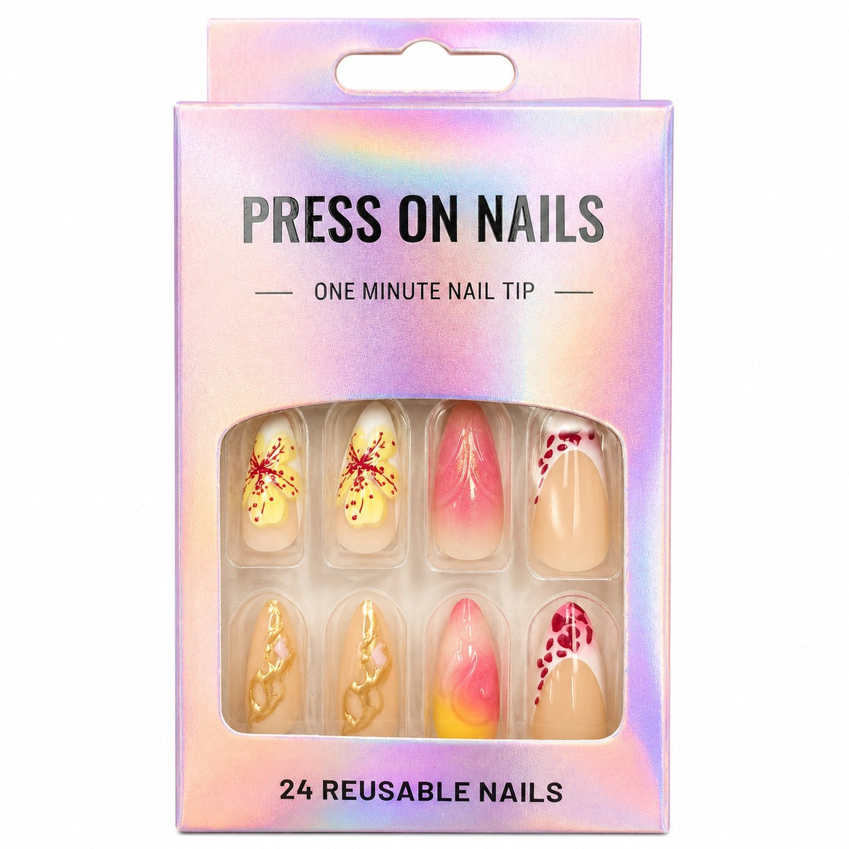 Sunset Floral & Gold Swirl Almond press-on nails, medium length, in a 24-piece box