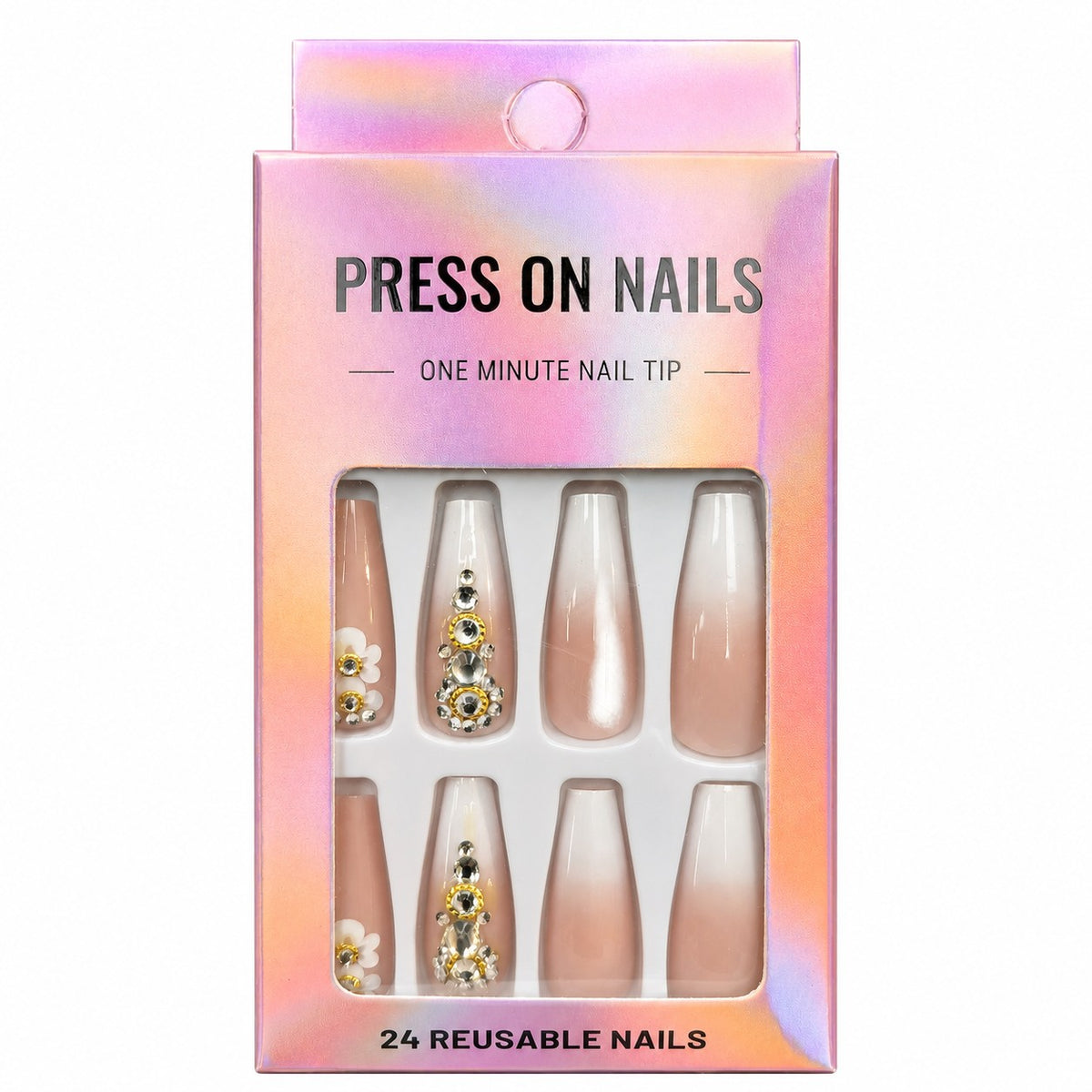 White Ombré French Coffin with 3D Flowers press-on nails, long length, in a 24-piece box