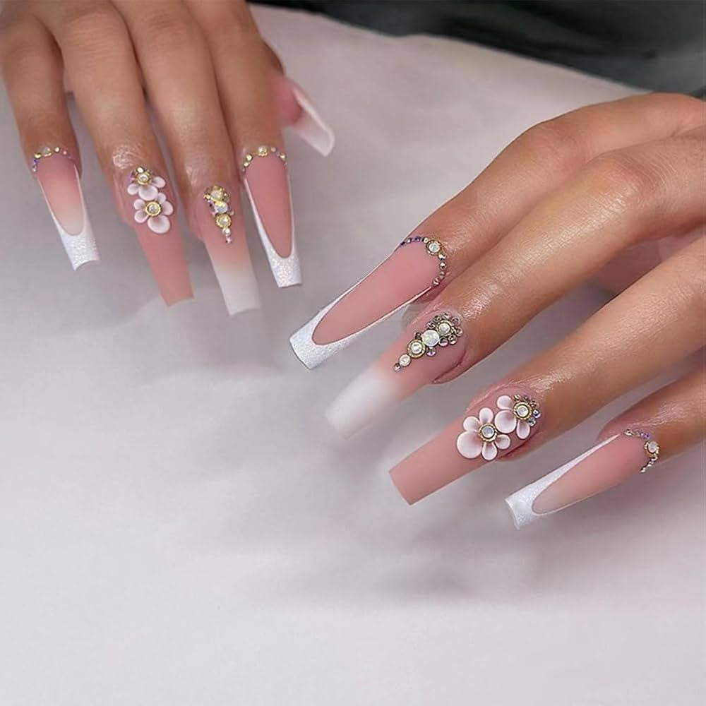 Hand wearing White Ombré French Coffin with 3D Flowers press-on nails