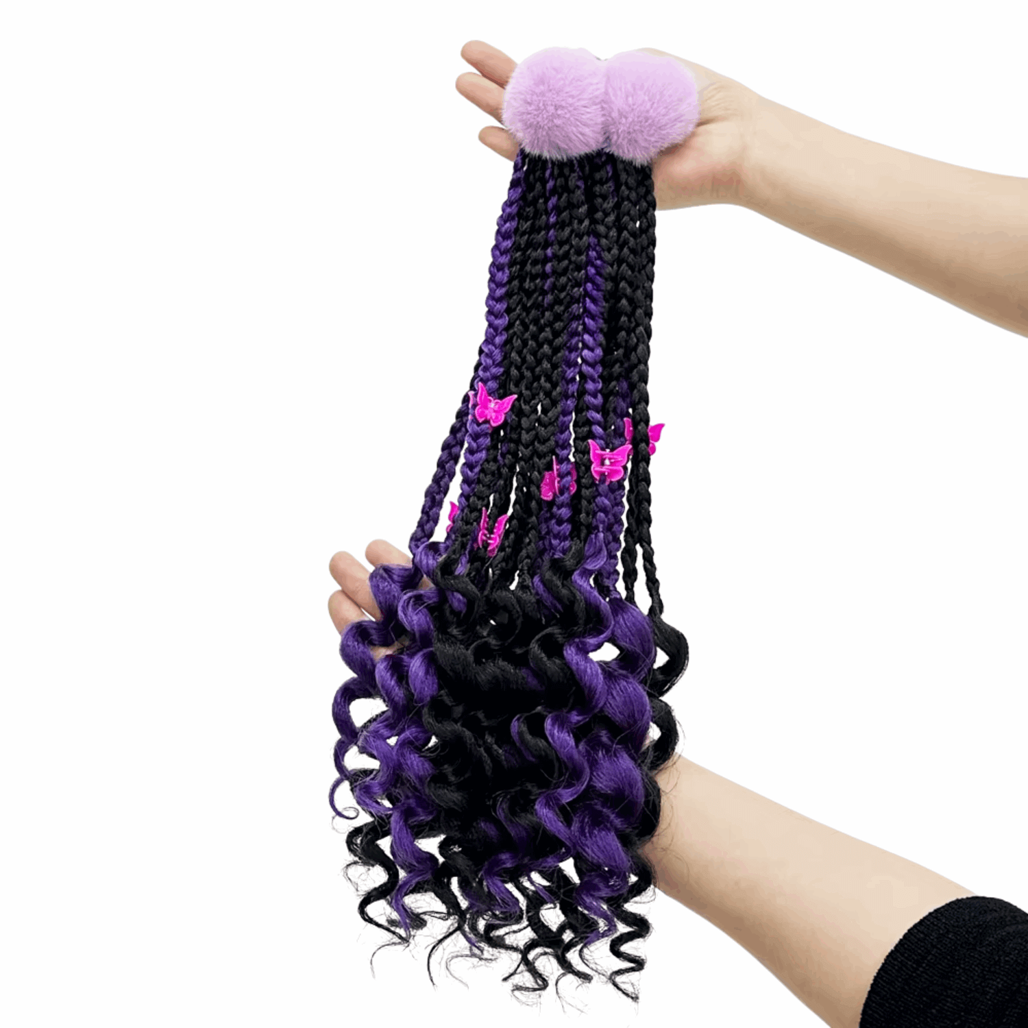 10" kids curly ponytail with fuzzy ball clips and butterfly clips in purple and black. Perfect for playful hairstyles.