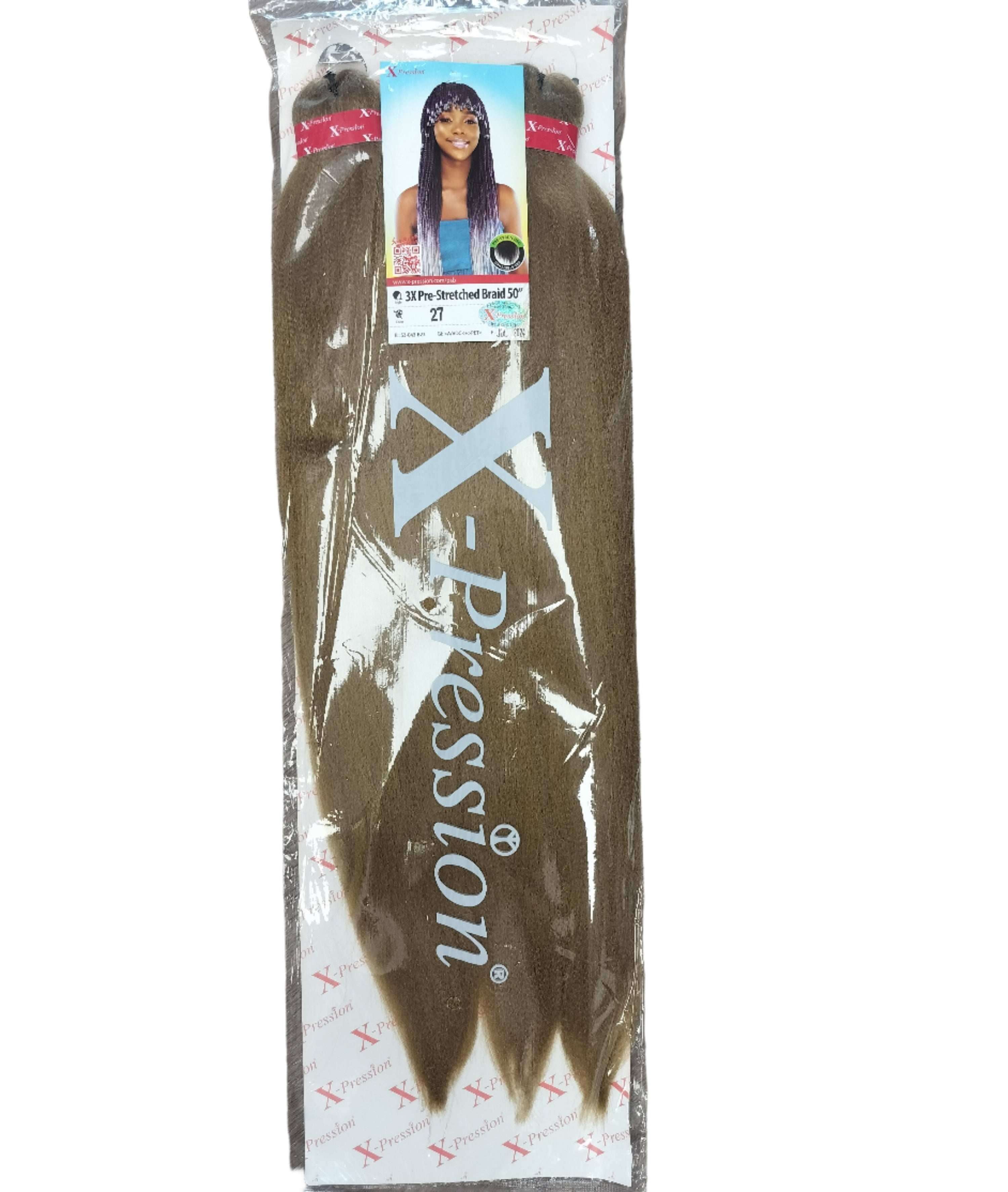 50" X-Pression Prestretched 3X Braiding Hair Extension - 240g in packaging showcasing smooth, tangle-free strands.