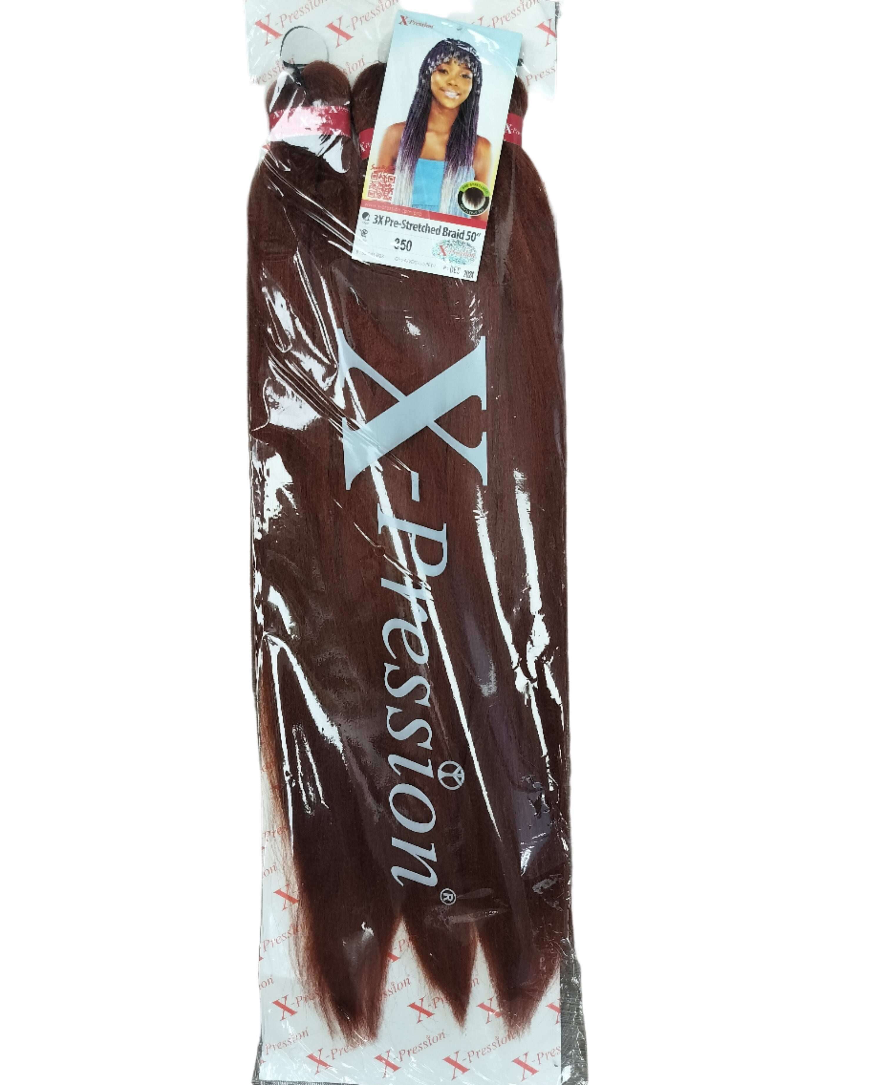 50" X-Pression Prestretched 3X Braiding Hair Extension - 240g in packaging for effortless braiding.