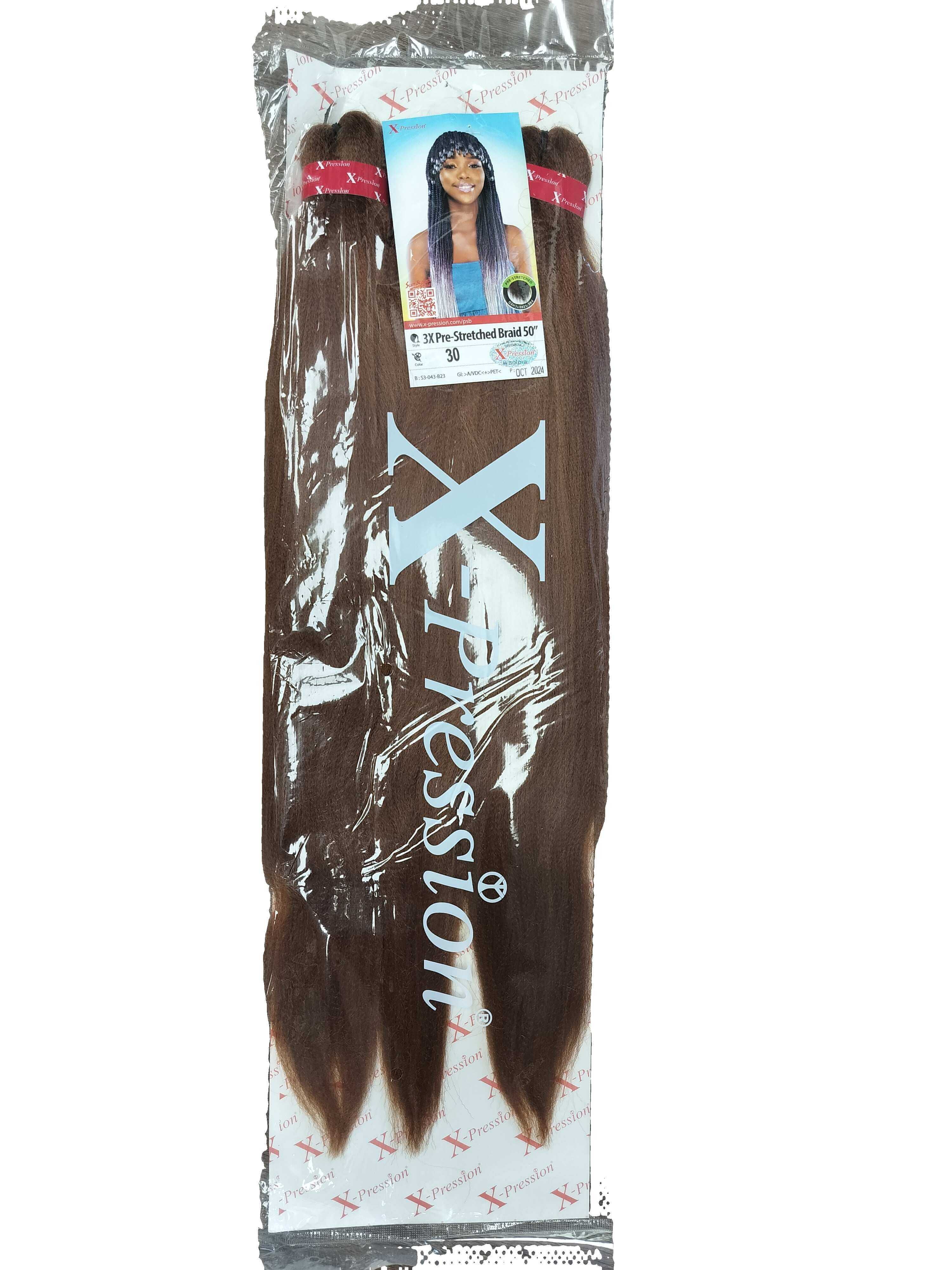 50" X-Pression Prestretched 3X Braiding Hair Extension - 240g in packaging, showcasing smooth, tangle-free braiding hair.