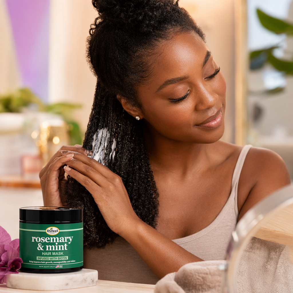 SUNFLOWER Difeel Rosemary Mint Strengthening Hair Mask (12oz) - usage
